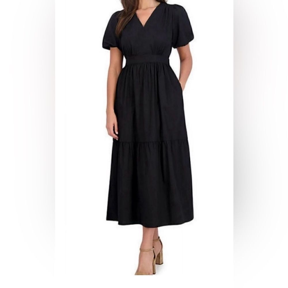 French Connection Women's Puff Sleeve Popplin Maxi Dress Black NWT XL